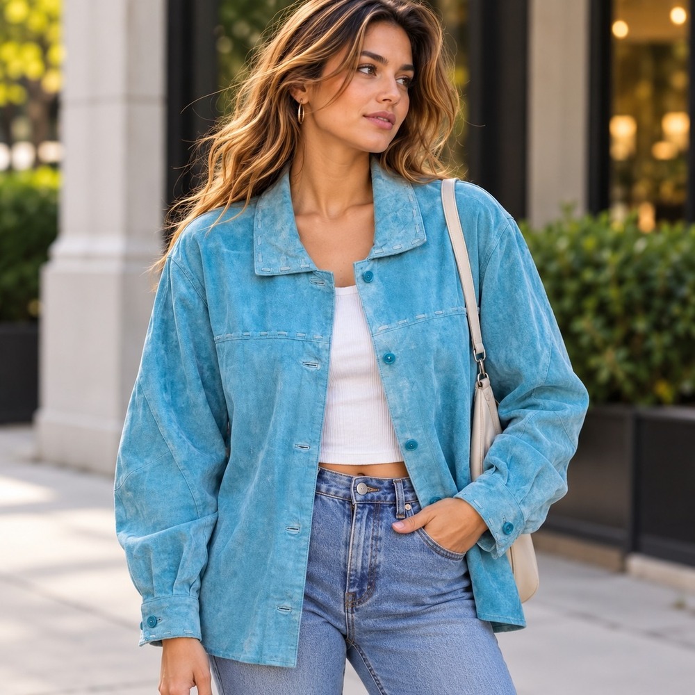 Outfit JPR Woman 2X Turquoise Genuine Leather Suede Jacket Shirt Shacket